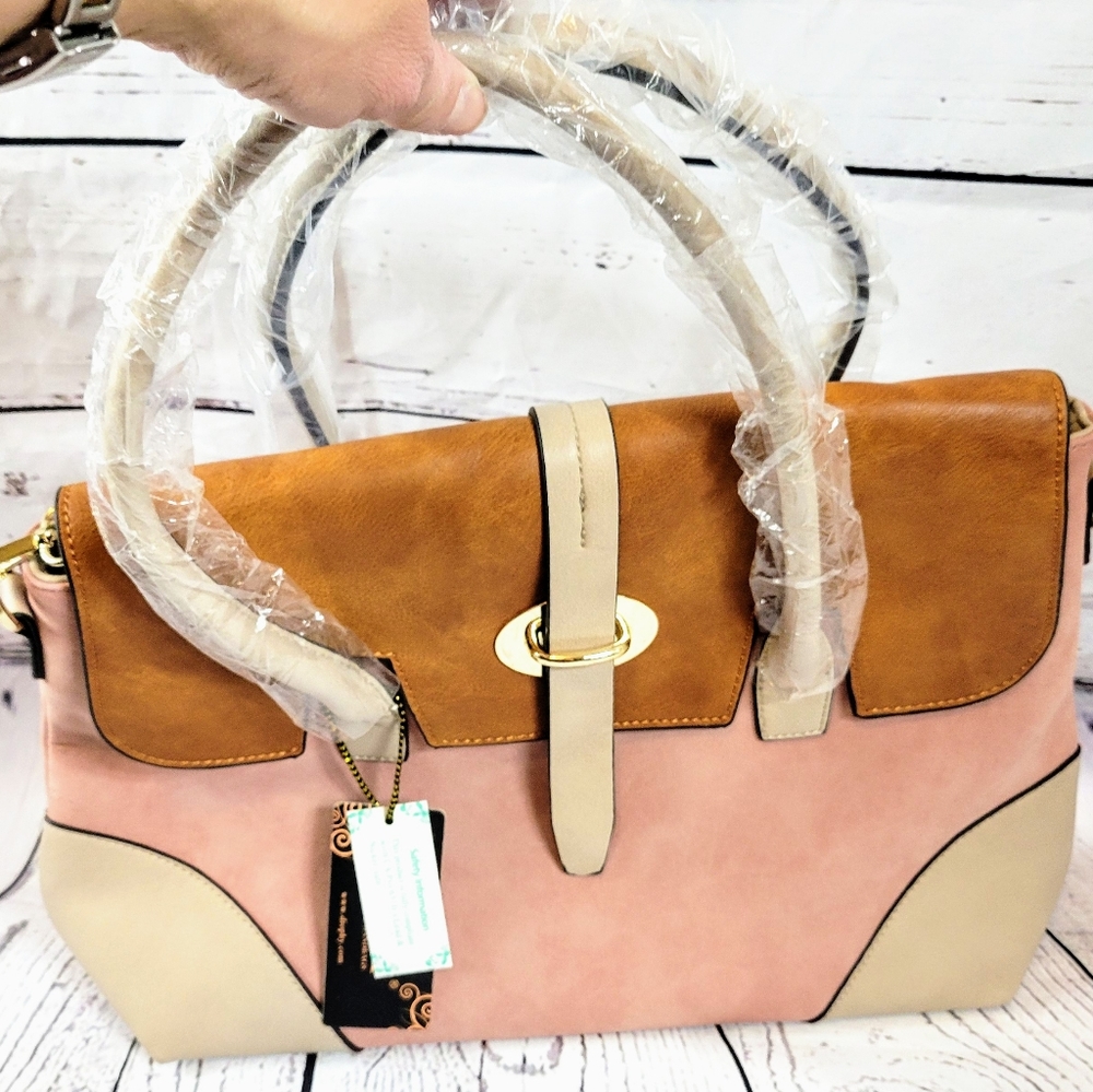 Diophy Classic Handbag Purse Pink&Tan New